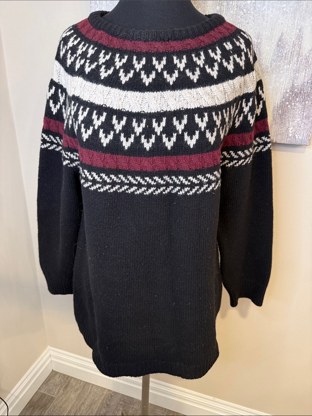 Black Patterned Crewneck Sweater with Maroon & Grey Yoke